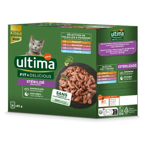 Visavertis suaugusių sterilizuotų kačių pašaras ULTIMA, 85 g x 8 vnt. – SvarosPrekes.lt