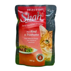 Visavertis suaugusių kačių pašaras su jautiena ir kalakutiena SHAH, 100 g – SvarosPrekes.lt